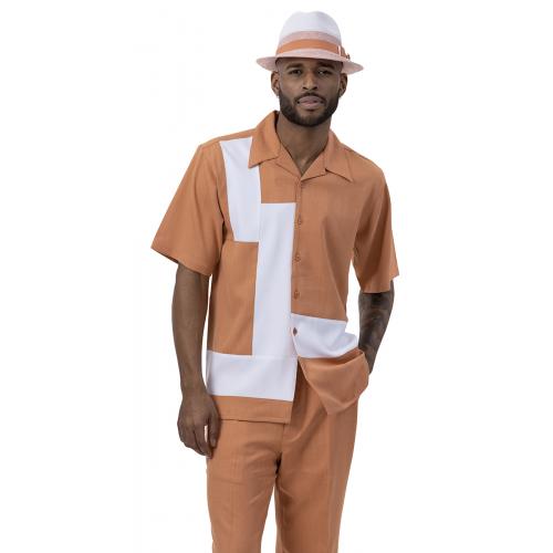 Montique Apricot / White Horizontal Lined Short Sleeve Two Piece Walking Suit 2077